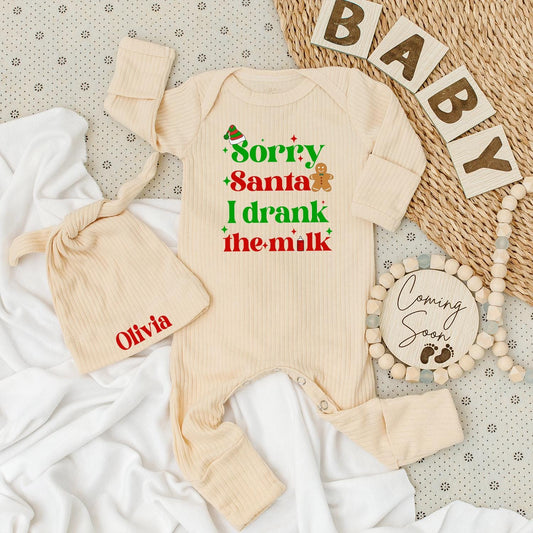 Personalized Sorry Santa I Drank The Milk Baby Bodysuit Hat Set Cozy Long Sleeve Christmas Outfit Gingerbread Man Green Red Holiday Infant Shower Gift