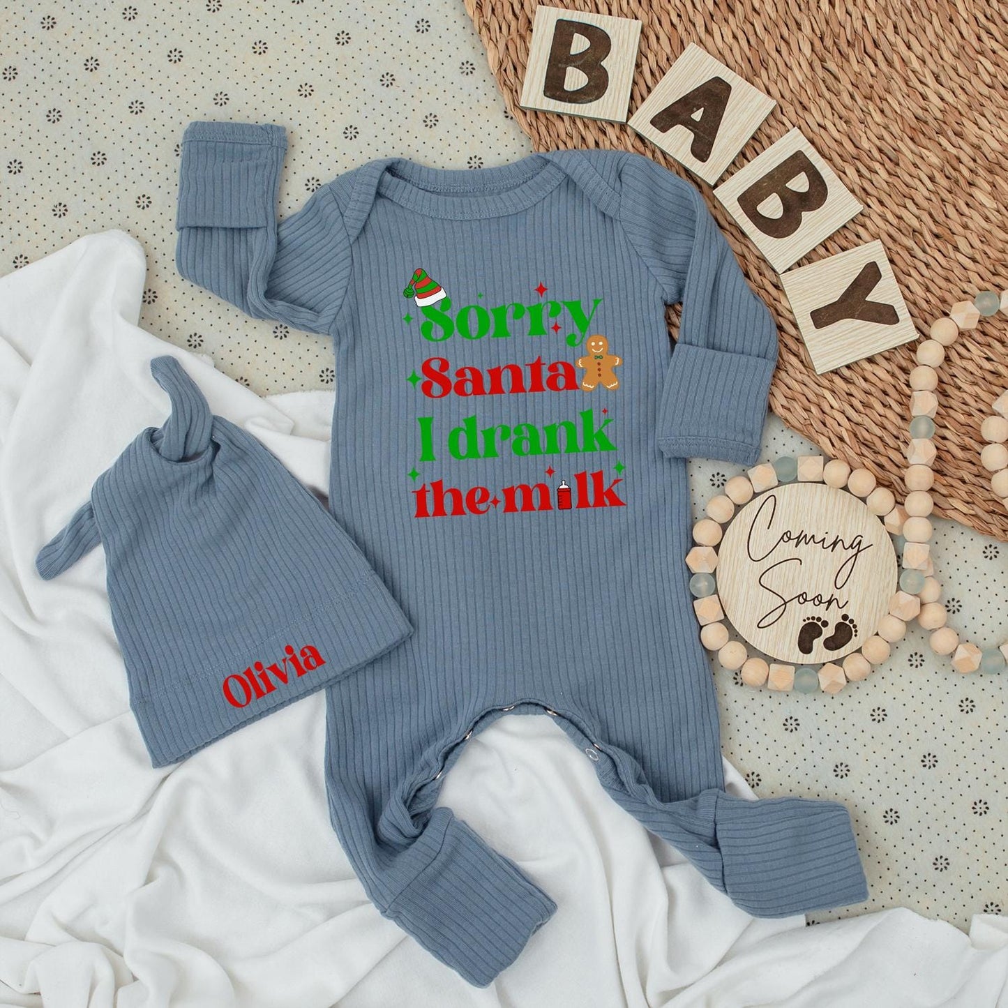 Personalized Sorry Santa I Drank The Milk Baby Bodysuit Hat Set Cozy Long Sleeve Christmas Outfit Gingerbread Man Green Red Holiday Infant Shower Gift