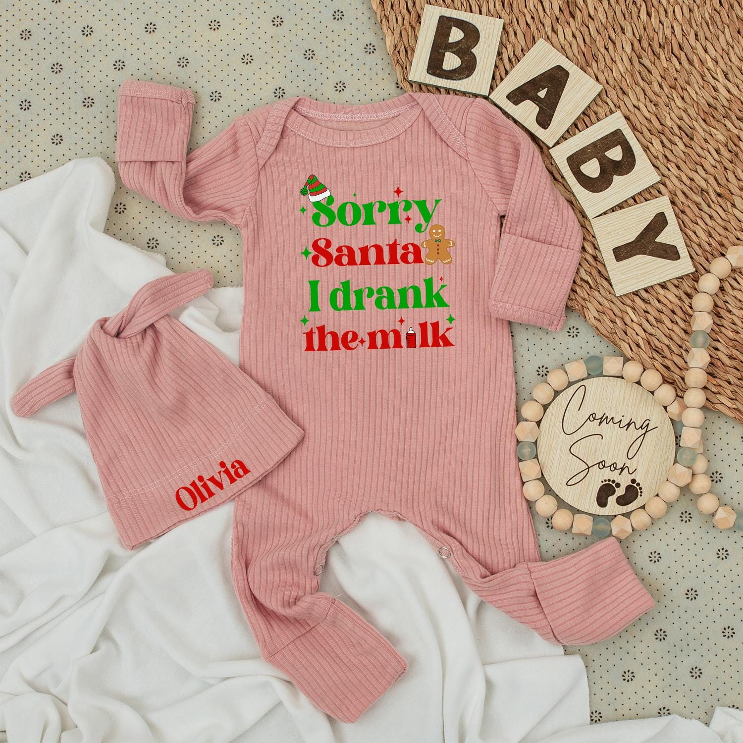 Personalized Sorry Santa I Drank The Milk Baby Bodysuit Hat Set Cozy Long Sleeve Christmas Outfit Gingerbread Man Green Red Holiday Infant Shower Gift