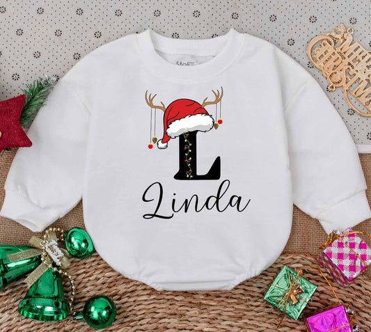 Personalized Baby Christmas Romper Initial M Lights Design Your Name First Holiday Outfit Santa Hat Reindeer Antlers Toddler Girl Gift