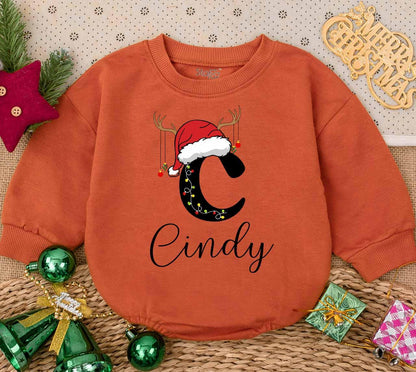 Personalized Baby Christmas Romper Initial M Lights Design Your Name First Holiday Outfit Santa Hat Reindeer Antlers Toddler Girl Gift