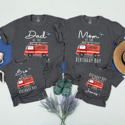 Boys Fire Truck Birthday Shirt Toddler Firefighter Party Gift Family Matching Tees