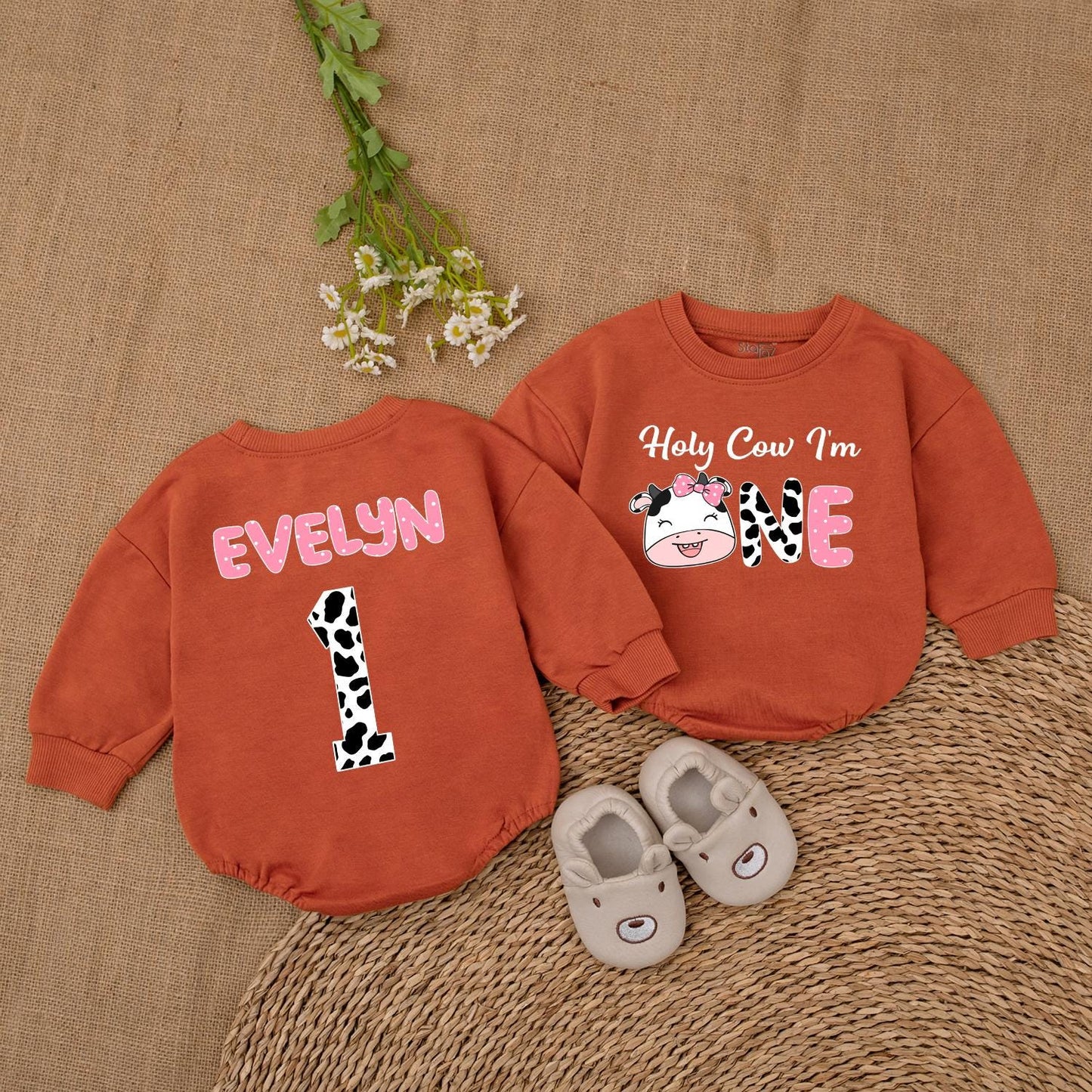 Holy Cow I'm One Romper for Baby Girl Cute Cow Birthday Outfit Custom Name 1st Birthday Gift