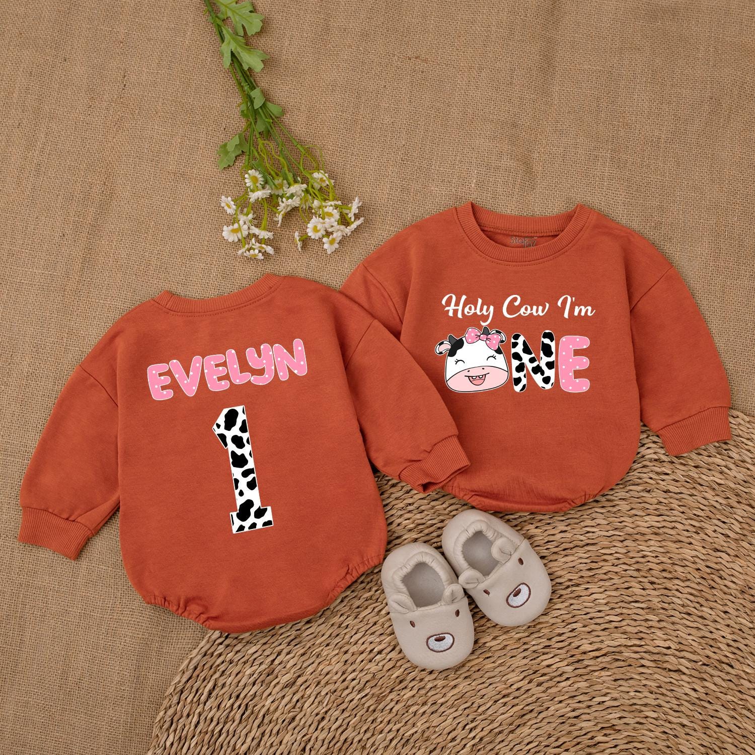 Holy Cow I'm One Romper for Baby Girl Cute Cow Birthday Outfit Custom Name 1st Birthday Gift
