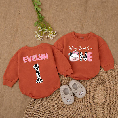 Holy Cow I'm One Romper for Baby Girl Cute Cow Birthday Outfit Custom Name 1st Birthday Gift
