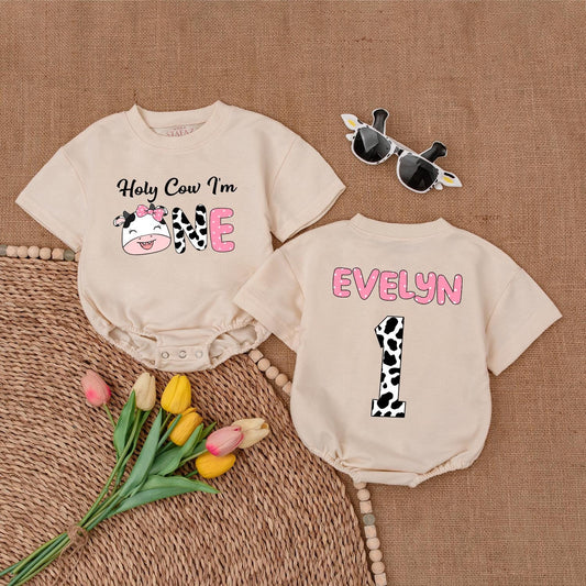 Holy Cow I'm One Romper for Baby Girl Cute Cow Birthday Outfit Custom Name 1st Birthday Gift