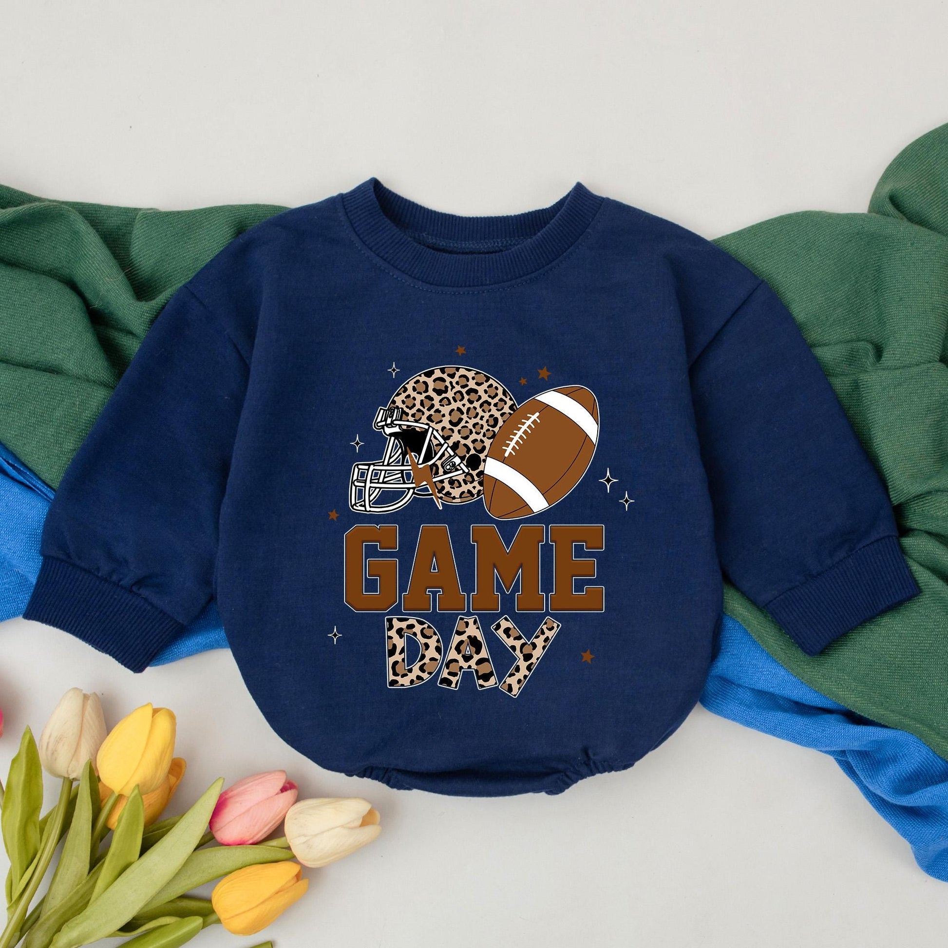 Personalized Football Baby Romper Retro Game Day Outfit, Baby Boy Gameday Season Gift, Newborn, Bubble Romper, Custom Name