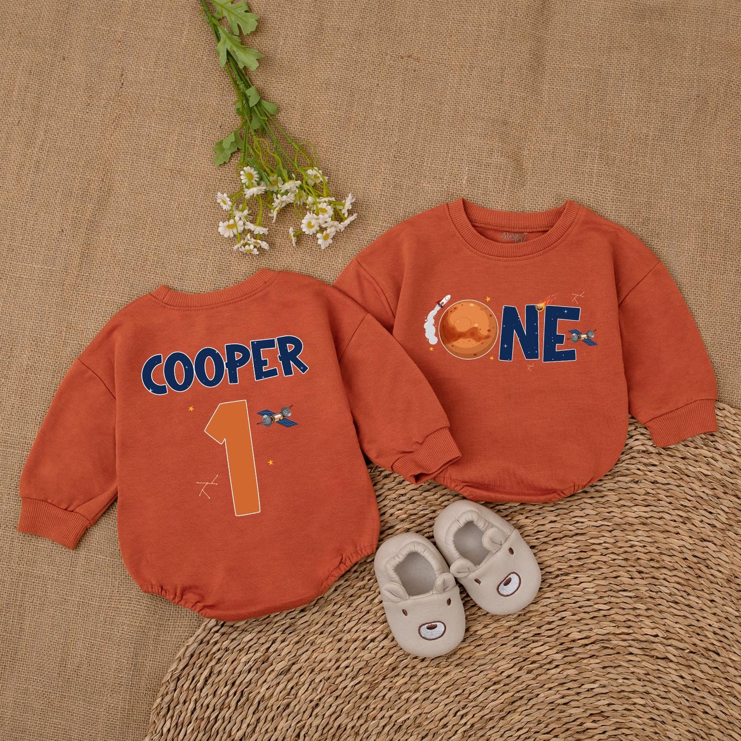 Custom One Space Baby Bubble Romper First Birthday Boy Outer Space Theme Astronaut Rocketship Planet Design Dark Blue Orange Stars