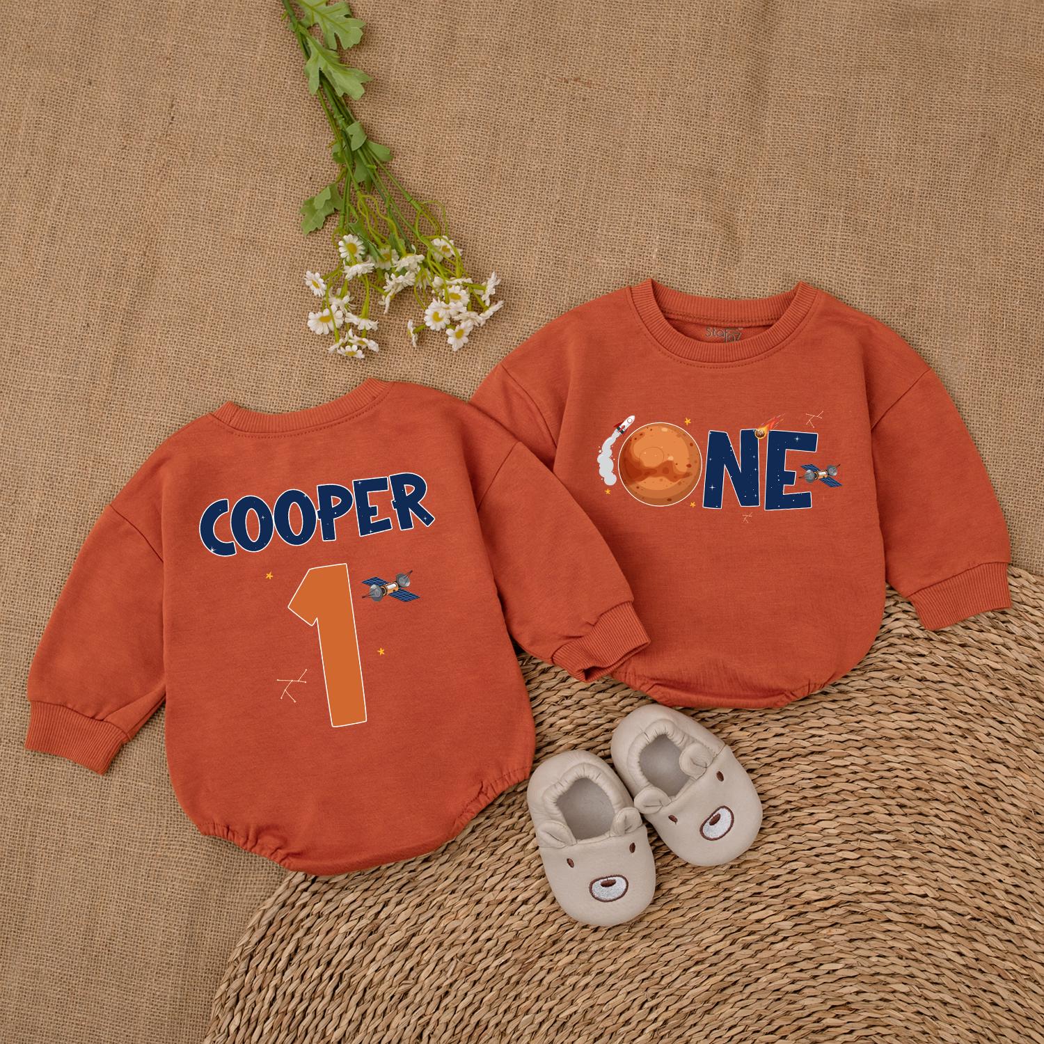 Custom One Space Baby Bubble Romper First Birthday Boy Outer Space Theme Astronaut Rocketship Planet Design Dark Blue Orange Stars