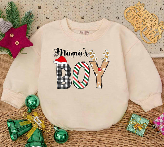 Cute Mama's Boy Christmas Bubble Romper First Holiday Bodysuit Newborn Toddler Outfit Festive Santa Hat Antlers Plaid Stripes Polka Dots