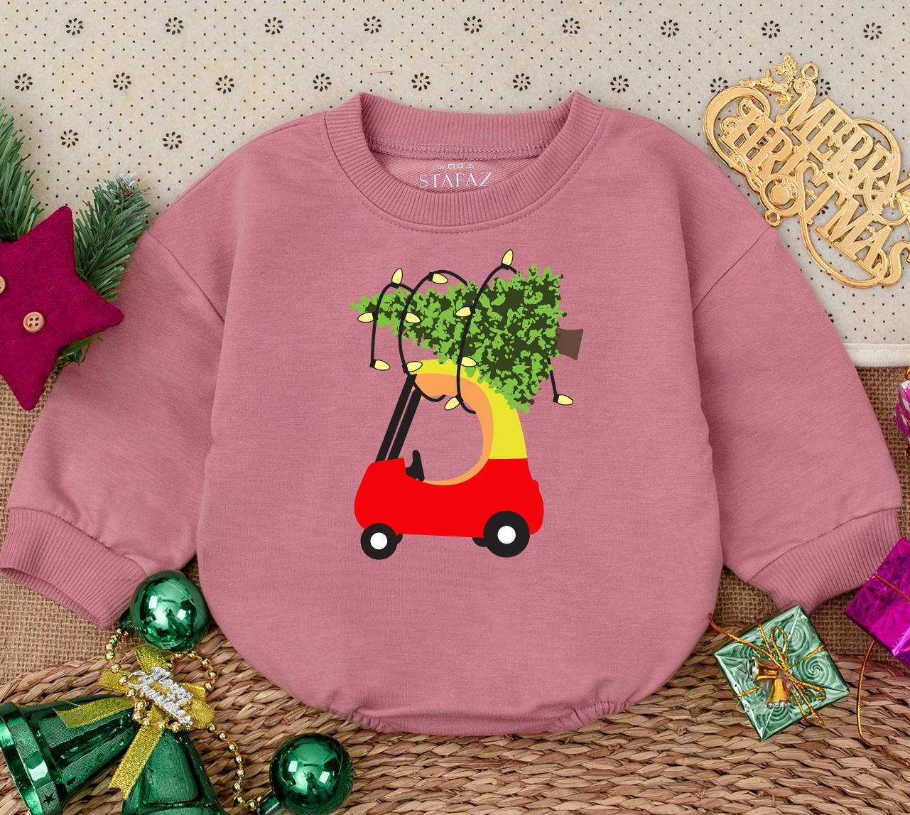 My First Christmas Baby Romper Sweatshirt with Playful Red Car & Lit Christmas Tree Design Newborn Holiday Bodysuit Winter Shower Gift