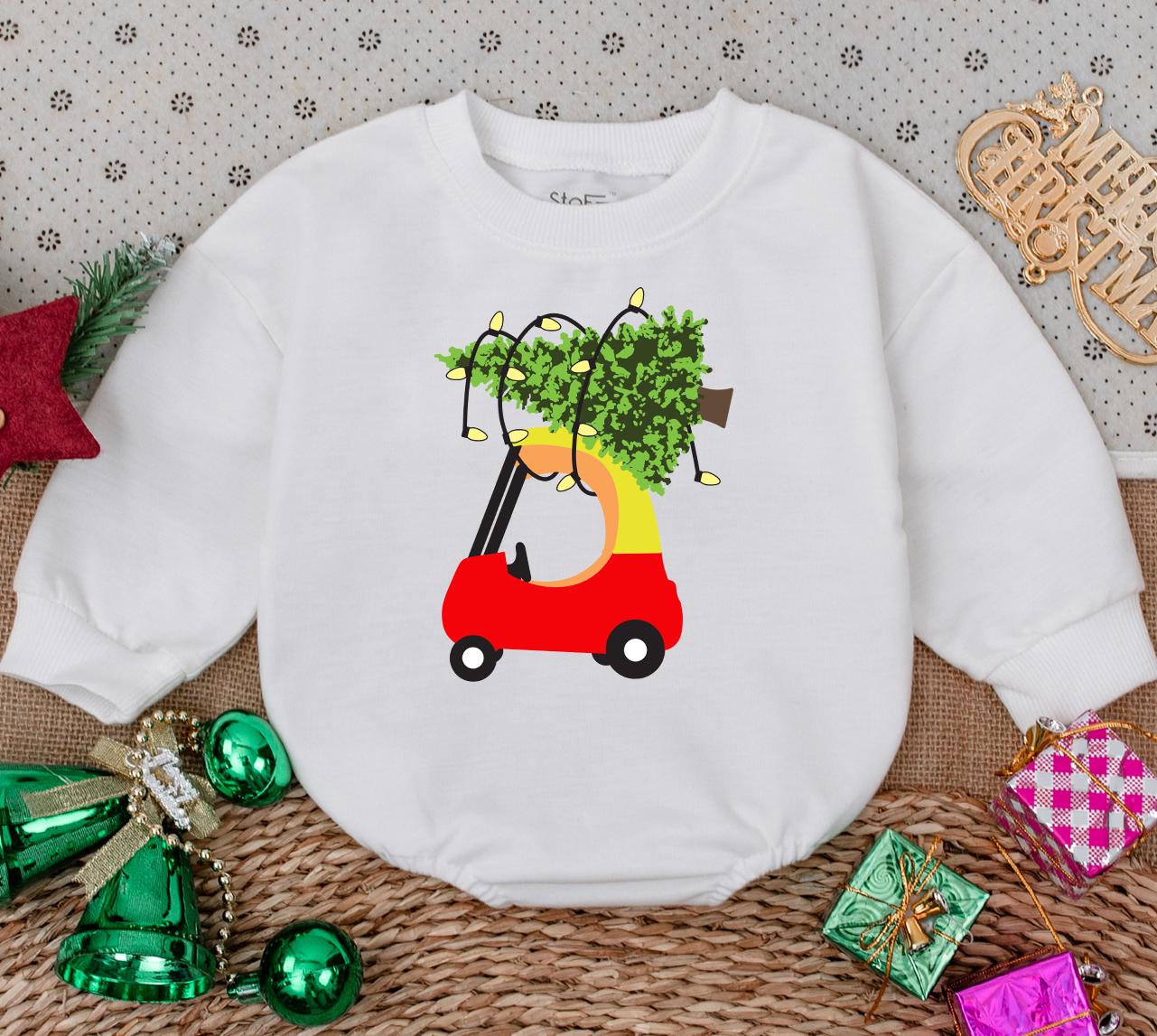 My First Christmas Baby Romper Sweatshirt with Playful Red Car & Lit Christmas Tree Design Newborn Holiday Bodysuit Winter Shower Gift