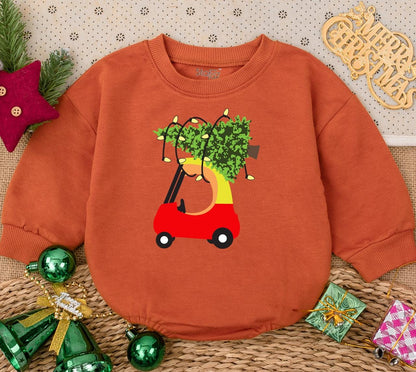 My First Christmas Baby Romper Sweatshirt with Playful Red Car & Lit Christmas Tree Design Newborn Holiday Bodysuit Winter Shower Gift