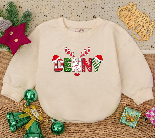 Custom Baby Name First Christmas Romper Sweater Outfit with Festive Santa Hat Reindeer Design Striped Polka Dot Baby Shower Gift