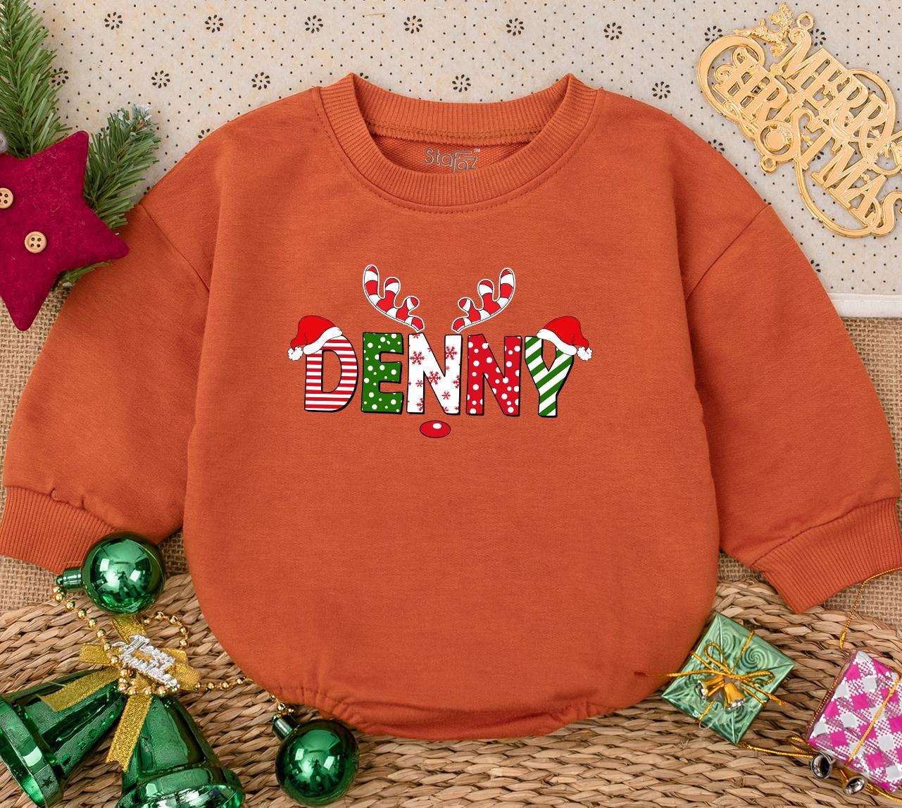 Custom Baby Name First Christmas Romper Sweater Outfit with Festive Santa Hat Reindeer Design Striped Polka Dot Baby Shower Gift