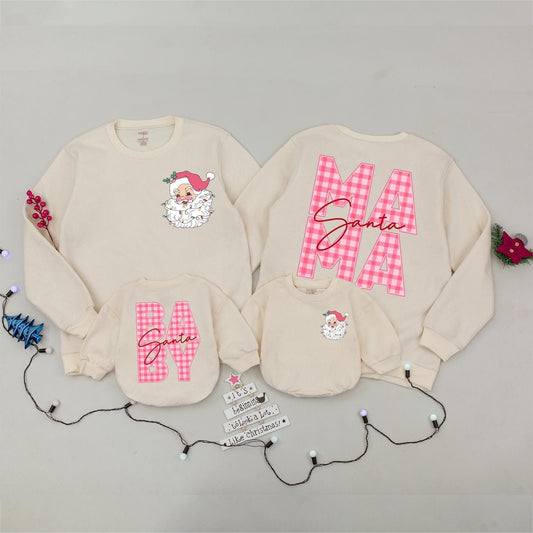 Pink Gingham Santa Mama and Baby Matching Christmas Sweatshirt Set Vintage Festive Santa Claus Holiday Gift for Mom and Baby Girl