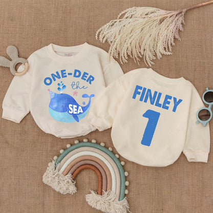 One-Der the Sea 1st Birthday Romper Boy Under the Sea Party Outfit Personalized Finley Baby Bodysuit Blue Whale Birthday Shirt First Birthday Outfit