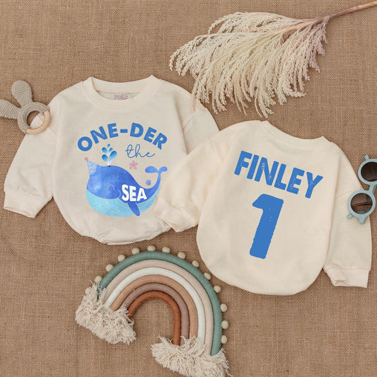 One-Der the Sea 1st Birthday Romper Boy Under the Sea Party Outfit Personalized Finley Baby Bodysuit Blue Whale Birthday Shirt First Birthday Outfit