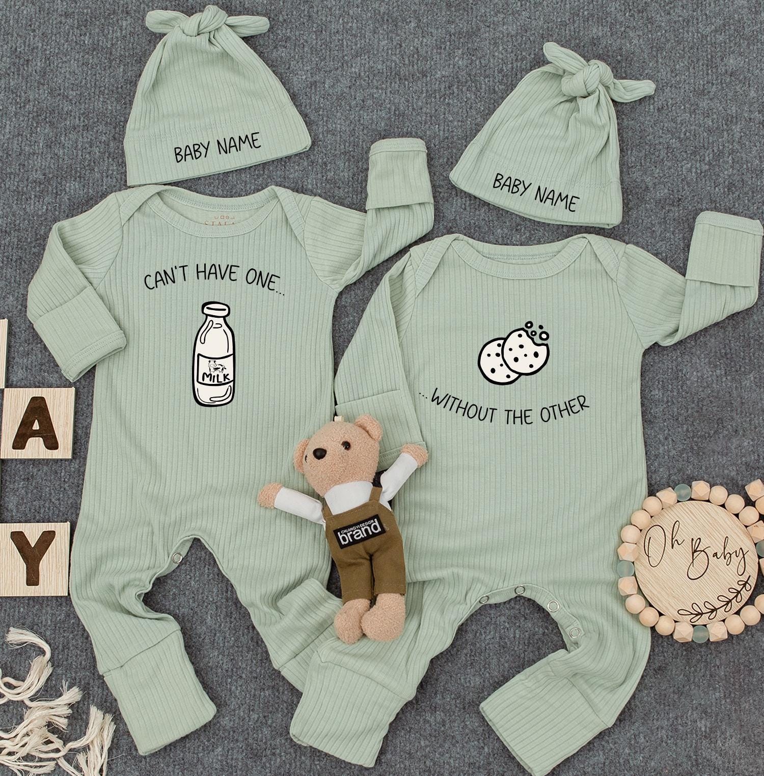 Personalized Twin Matching Milk Cookie Baby Bodysuit Set Cute Newborn Rompers Funny Infant Shower Gift Minimalist Black White Design
