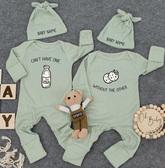 Personalized Twin Matching Milk Cookie Baby Bodysuit Set Cute Newborn Rompers Funny Infant Shower Gift Minimalist Black White Design