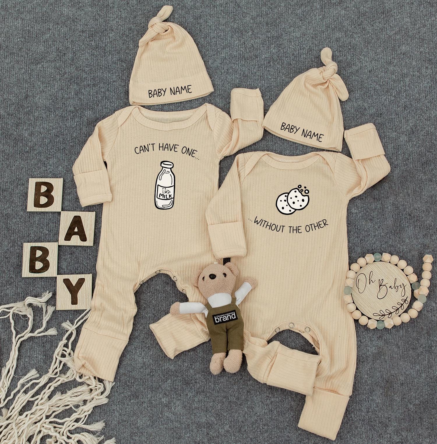 Personalized Twin Matching Milk Cookie Baby Bodysuit Set Cute Newborn Rompers Funny Infant Shower Gift Minimalist Black White Design