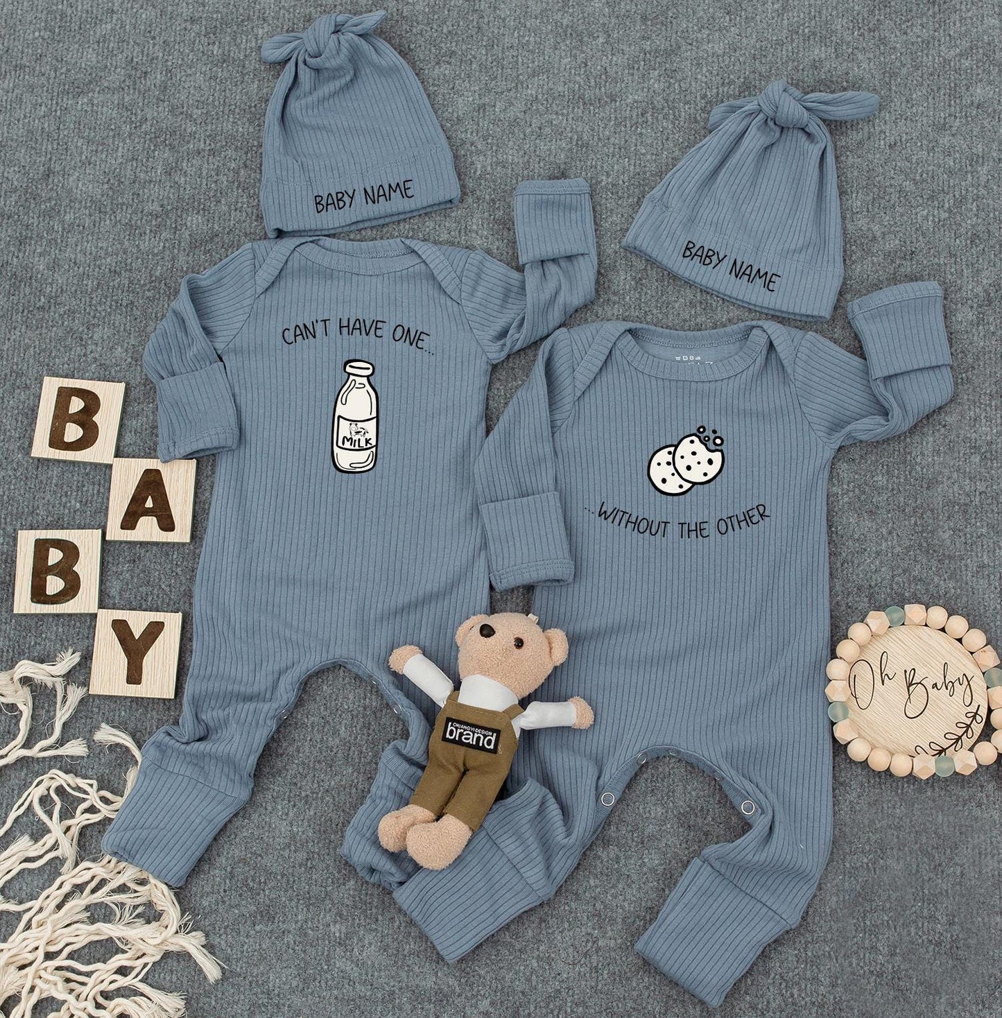 Personalized Twin Matching Milk Cookie Baby Bodysuit Set Cute Newborn Rompers Funny Infant Shower Gift Minimalist Black White Design