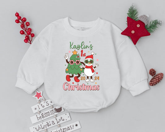 Personalized My First Christmas Romper Vintage Tree Snowman Design Baby Outfit Holiday 2024 Infant Toddler Bodysuit Gift Green Red White
