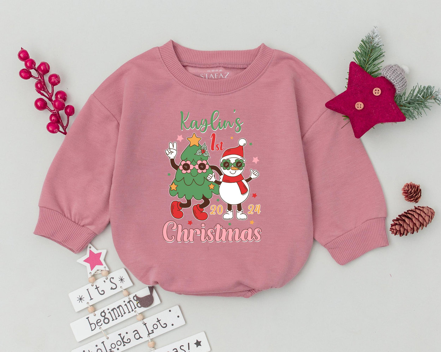 Personalized My First Christmas Romper Vintage Tree Snowman Design Baby Outfit Holiday 2024 Infant Toddler Bodysuit Gift Green Red White
