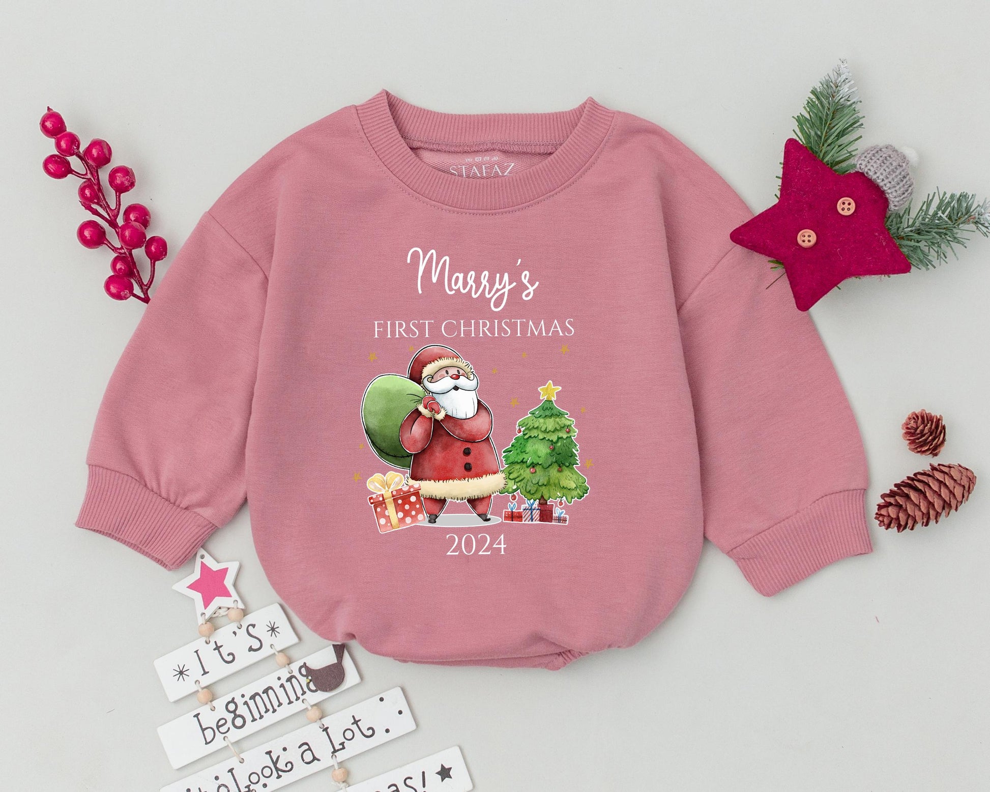 Personalized My First Christmas 2024 Baby Romper Whimsical Santa Tree Gifts Star Design Soft Cotton Toddler Infant Holiday Clothes Red Green Gold