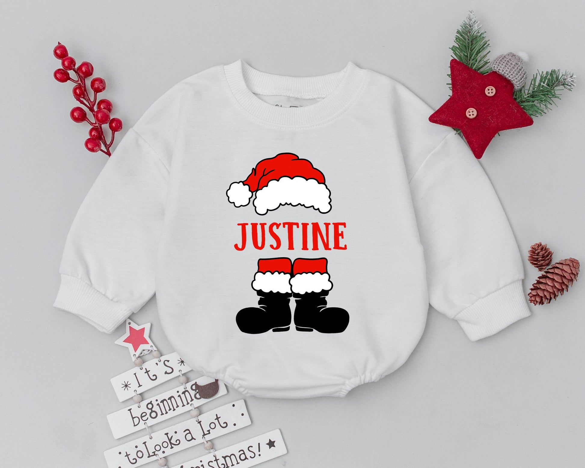 Personalized Cartoon Santa Suit Christmas Baby Romper First Christmas Bodysuit Custom Name Festive Holiday Infant Toddler Outfit Red White Black