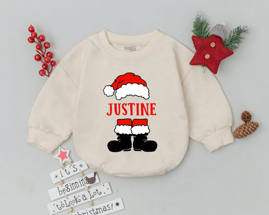 Personalized Cartoon Santa Suit Christmas Baby Romper First Christmas Bodysuit Custom Name Festive Holiday Infant Toddler Outfit Red White Black