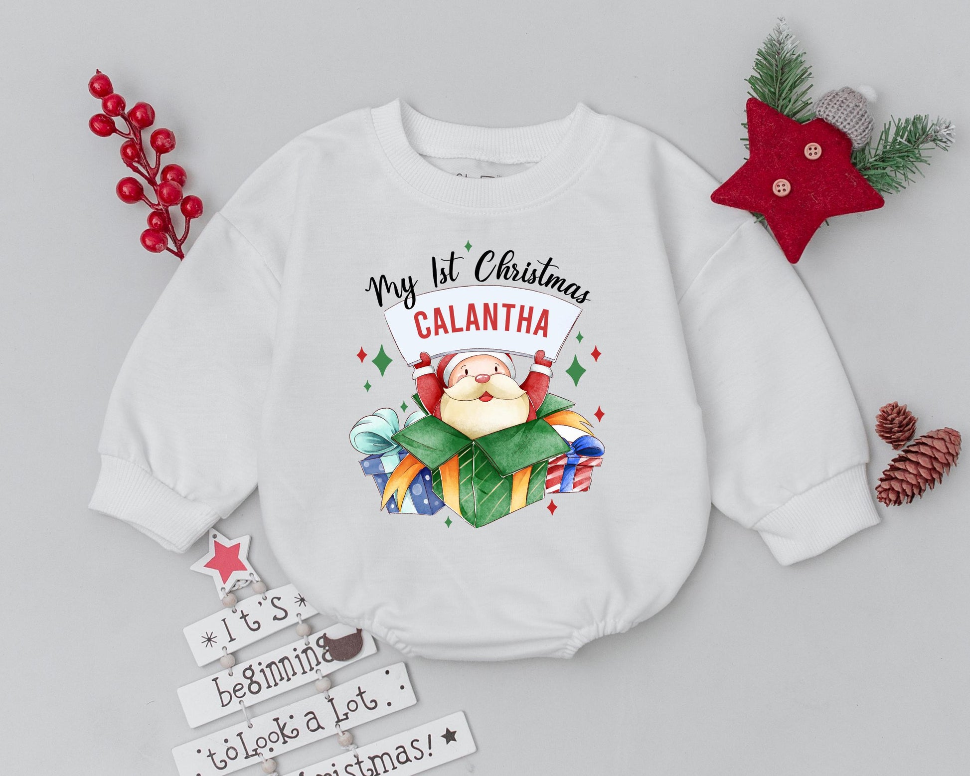 Personalized My First Christmas Baby Romper Outfit Festive Santa Present Design Infant Toddler with Child's Name Holiday Bodysuit Sweatshirt
