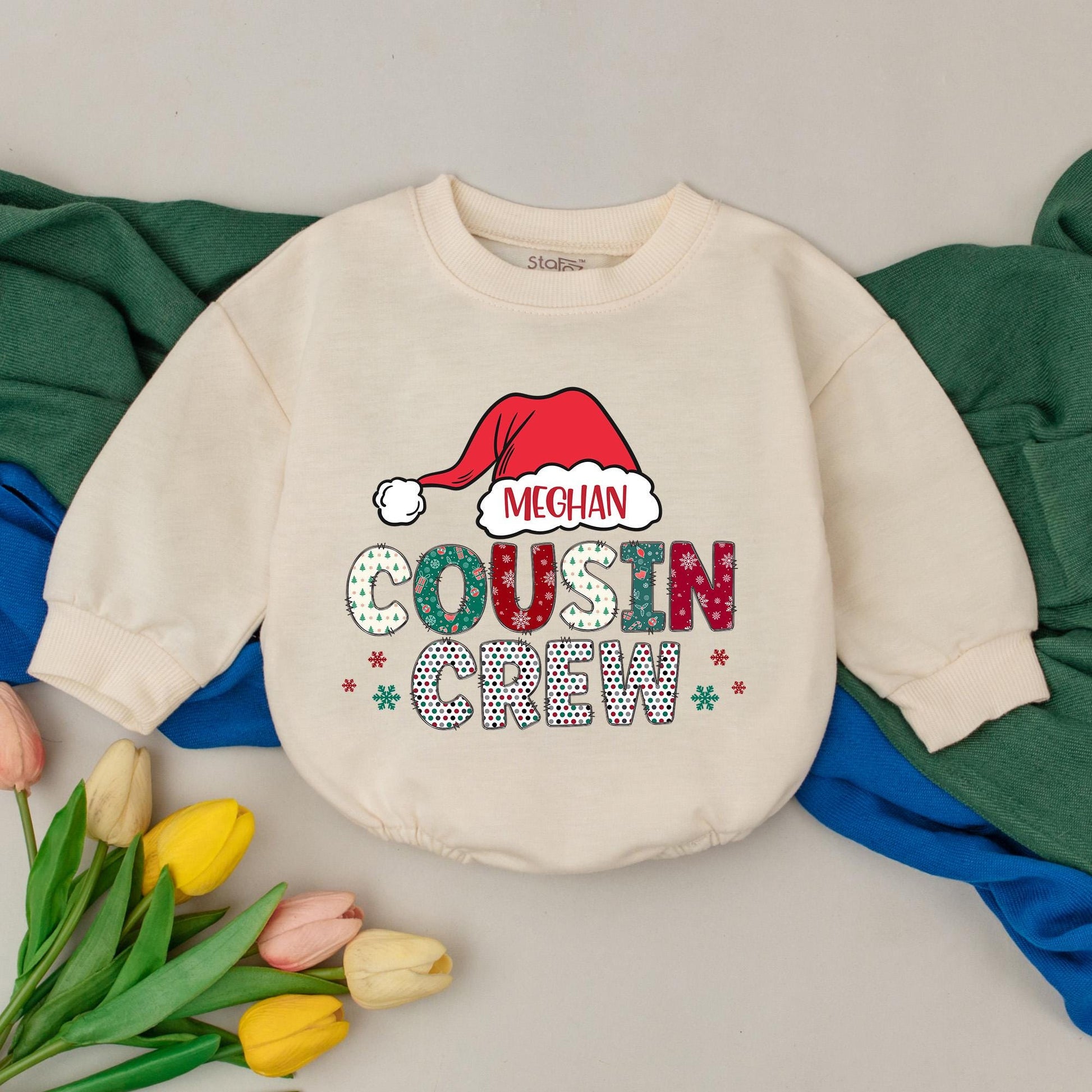Personalized Cousin Crew Christmas Romper with Festive Santa Hat Design New Baby Shower Gift First Christmas Bubble Outfit for Girls Boys