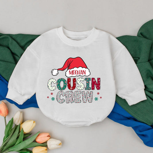 Personalized Cousin Crew Christmas Romper with Festive Santa Hat Design New Baby Shower Gift First Christmas Bubble Outfit for Girls Boys