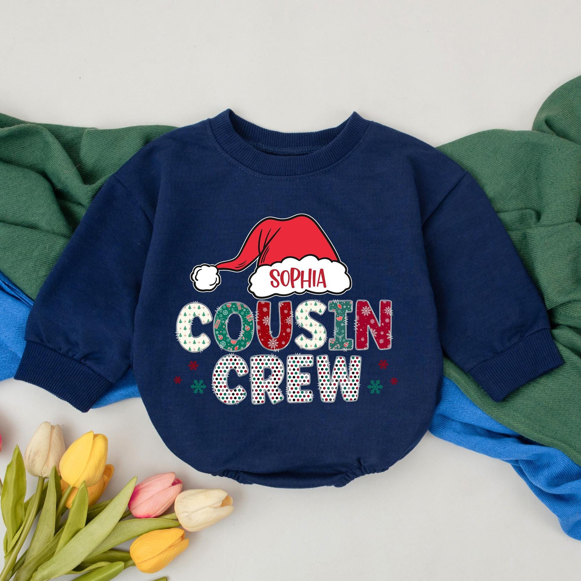 Personalized Cousin Crew Christmas Romper with Festive Santa Hat Design New Baby Shower Gift First Christmas Bubble Outfit for Girls Boys