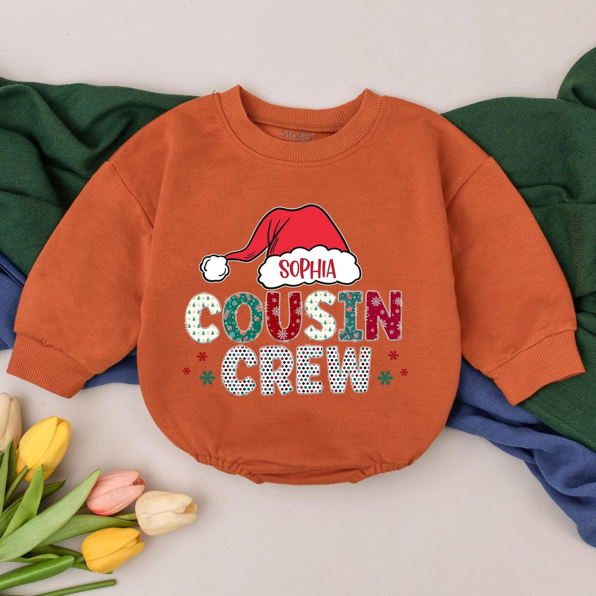 Personalized Cousin Crew Christmas Romper with Festive Santa Hat Design New Baby Shower Gift First Christmas Bubble Outfit for Girls Boys