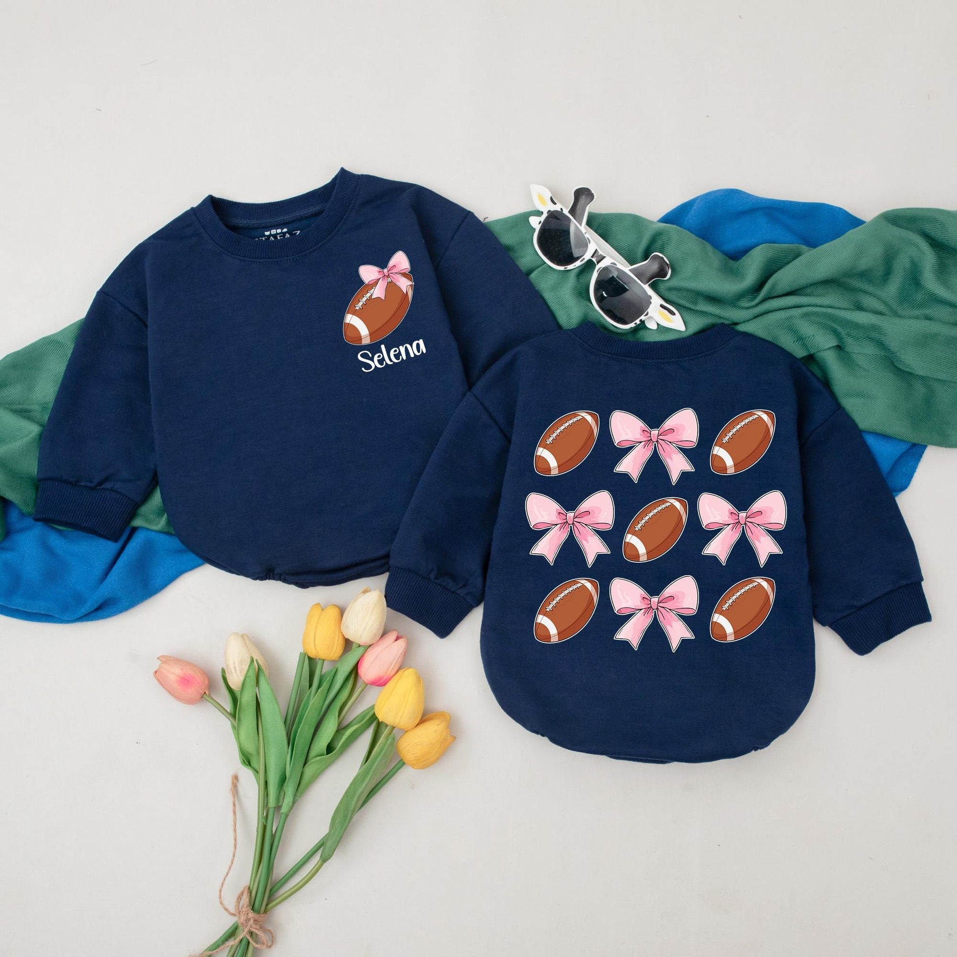 Personalized Football Bow Baby Romper Custom Name Retro Game Day Outfit Bubble for Baby Girl Boy Gameday Season Gifts