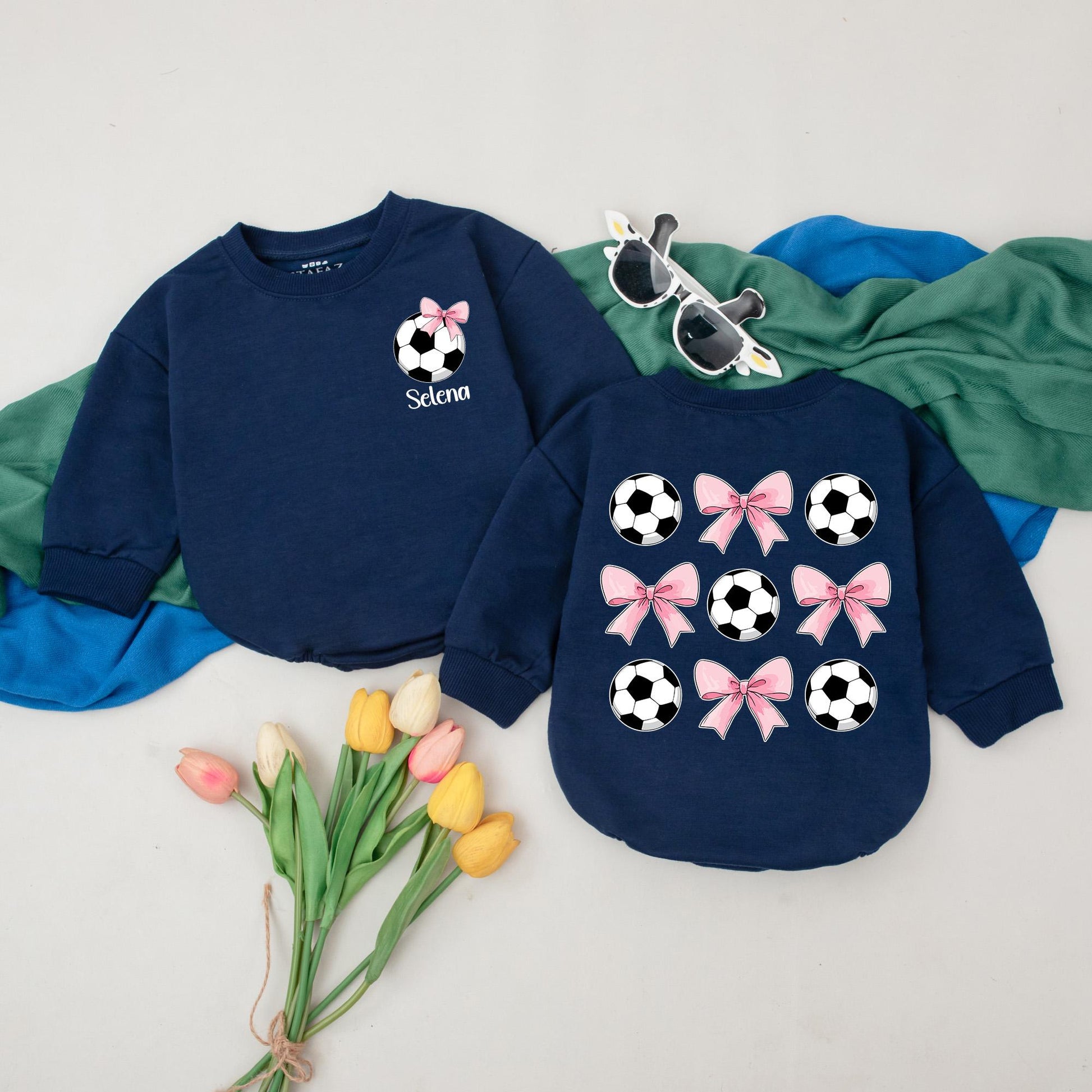 Personalized Soccer Bow Baby Romper, Retro Game Day Outfit for Baby Girls, Custom Name Bubble Romper, Perfect 1st Birthday Gift & Coming Home Clothes
