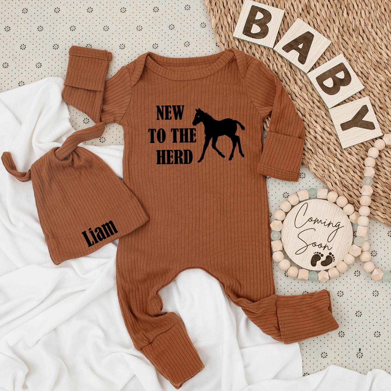 New to the Herd Baby Bodysuit and Hat Set Country Farm Horse Baby Shower Gift for Boys and Girls
