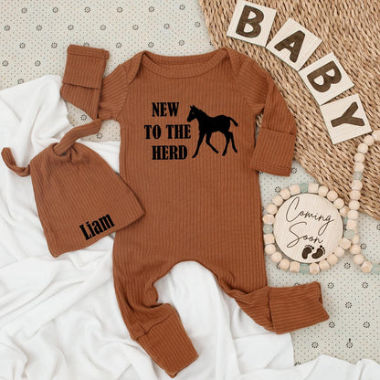 New to the Herd Baby Bodysuit and Hat Set Country Farm Horse Baby Shower Gift for Boys and Girls