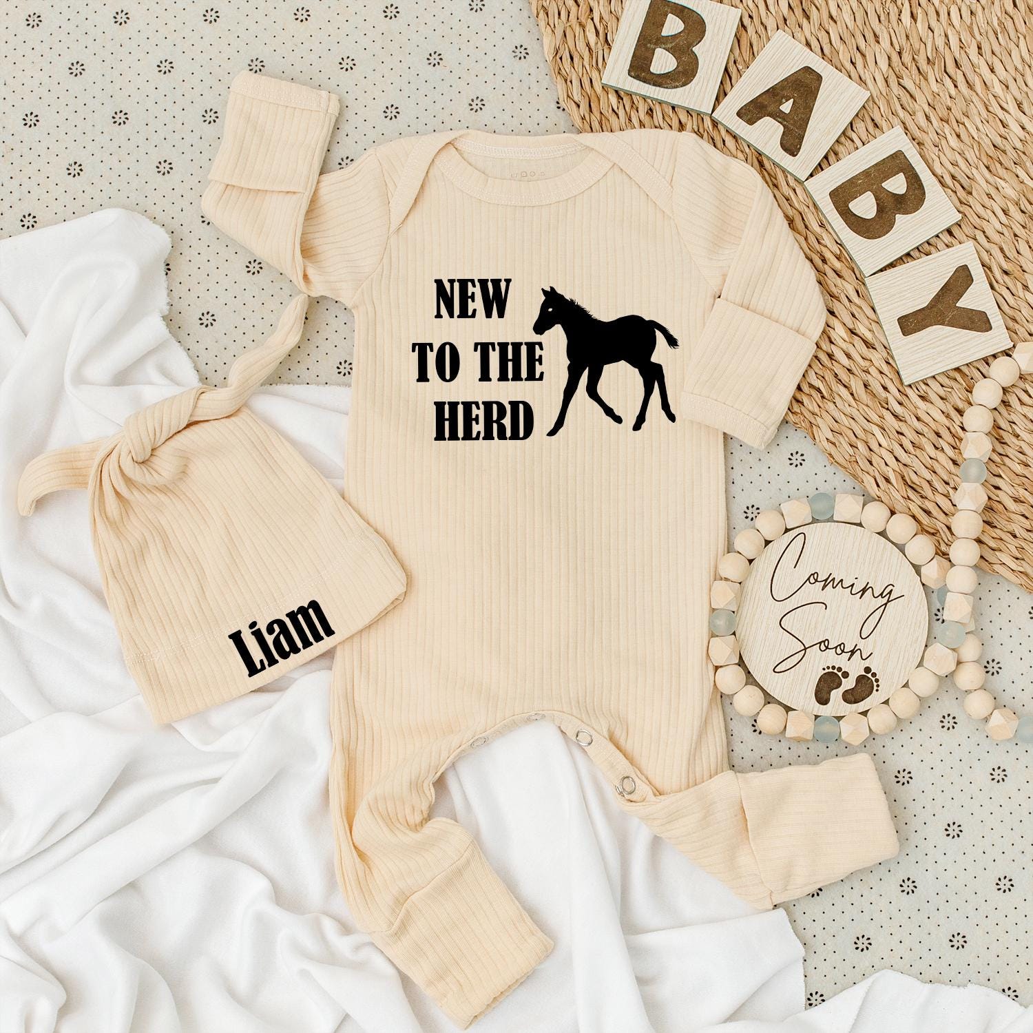 New to the Herd Baby Bodysuit and Hat Set Country Farm Horse Baby Shower Gift for Boys and Girls
