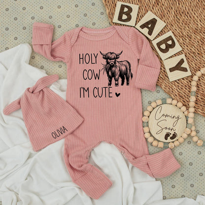 Holy Cow I'm Cute Highland Cow Baby Bodysuit and Hat Set Country Baby Clothing for Newborn Announcements and Shower Gifts Welcome Home Outfit Farm Theme
