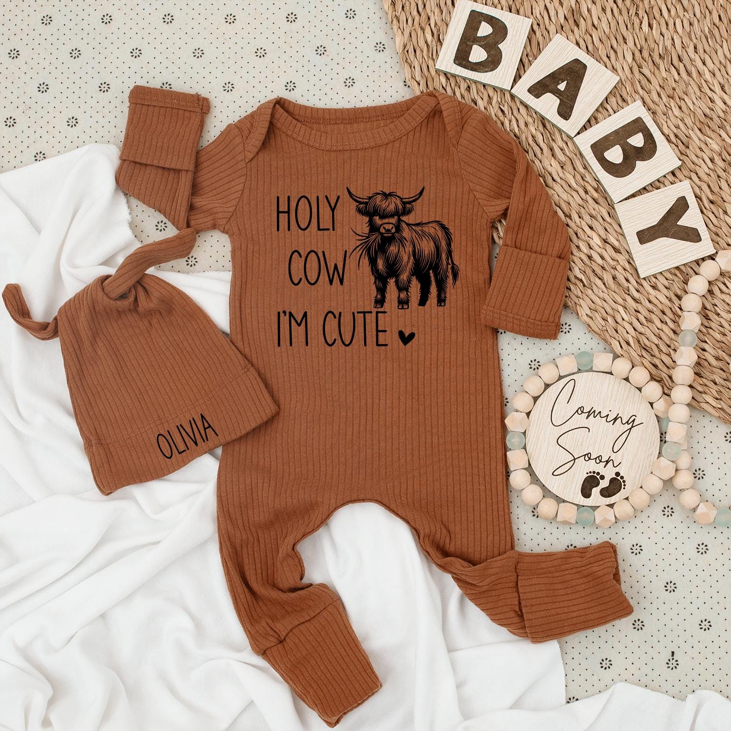 Holy Cow I'm Cute Highland Cow Baby Bodysuit and Hat Set Country Baby Clothing for Newborn Announcements and Shower Gifts Welcome Home Outfit Farm Theme
