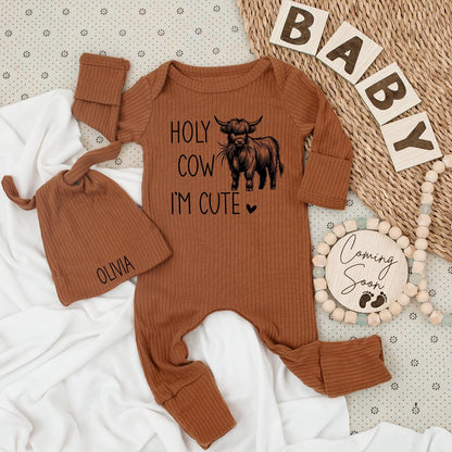 Holy Cow I'm Cute Highland Cow Baby Bodysuit and Hat Set Country Baby Clothing for Newborn Announcements and Shower Gifts Welcome Home Outfit Farm Theme
