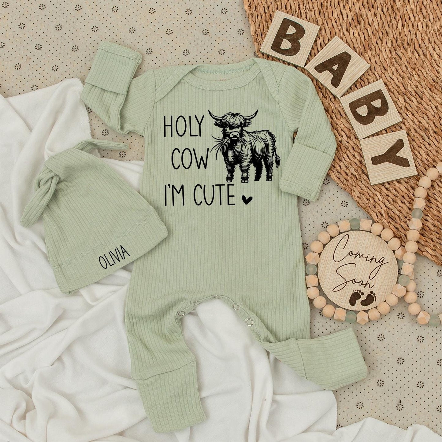 Holy Cow I'm Cute Highland Cow Baby Bodysuit and Hat Set Country Baby Clothing for Newborn Announcements and Shower Gifts Welcome Home Outfit Farm Theme