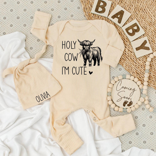 Holy Cow I'm Cute Highland Cow Baby Bodysuit and Hat Set Country Baby Clothing for Newborn Announcements and Shower Gifts Welcome Home Outfit Farm Theme