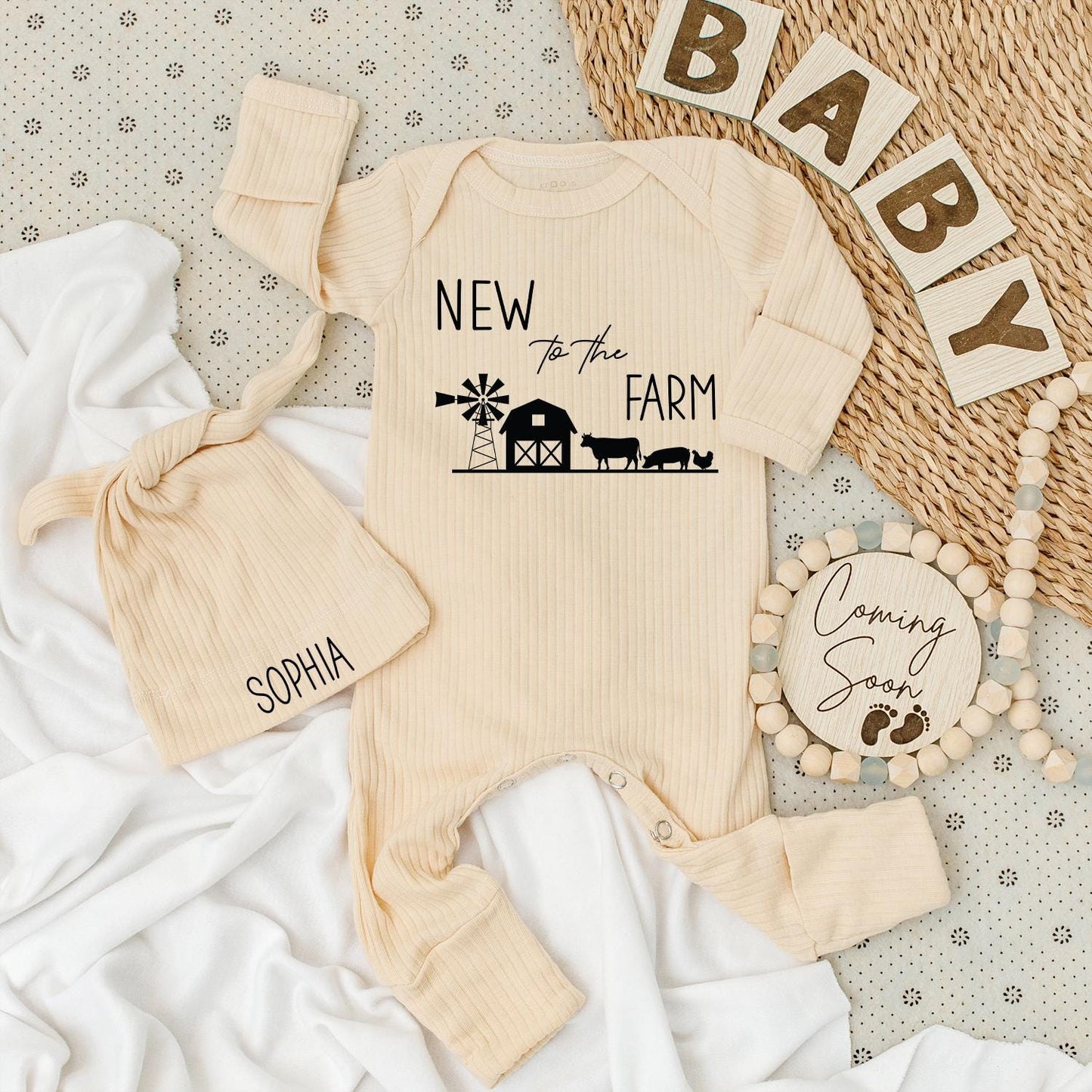 New to the Farm Baby Bodysuit & Hat Set Adorable Country Cow Farm Baby Shower Gift Welcome Baby Outfit