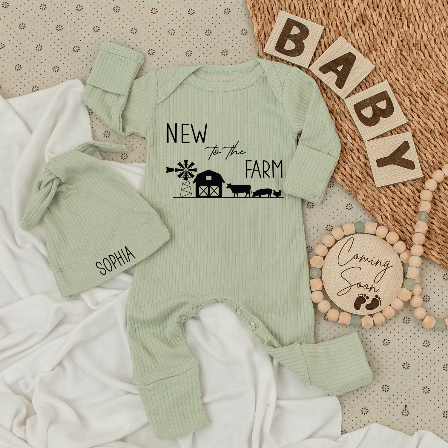New to the Farm Baby Bodysuit & Hat Set Adorable Country Cow Farm Baby Shower Gift Welcome Baby Outfit