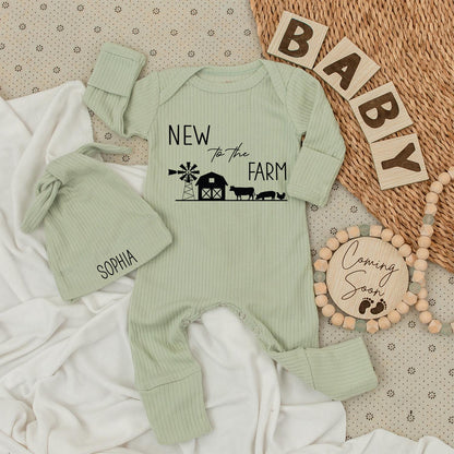 New to the Farm Baby Bodysuit & Hat Set Adorable Country Cow Farm Baby Shower Gift Welcome Baby Outfit