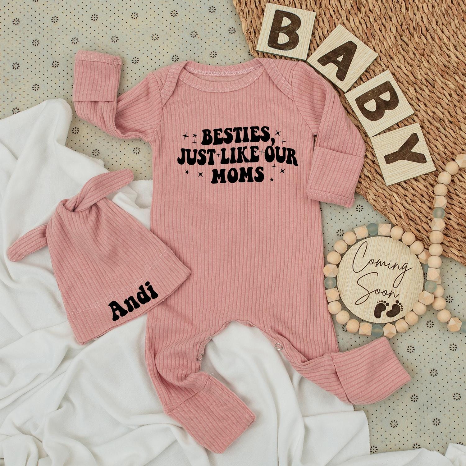 Besties Just Like Our Moms Baby Bodysuit & Hat Set Sweet Handwriting Design Newborn Going Home Outfit Vintage Baby Shower Gift Idea